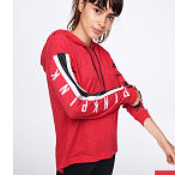 PINK BY VICTORIA’S SECRET LONG SLEEVE HOODED TEE RED BLACK SZ LG - Picture 1 of 3